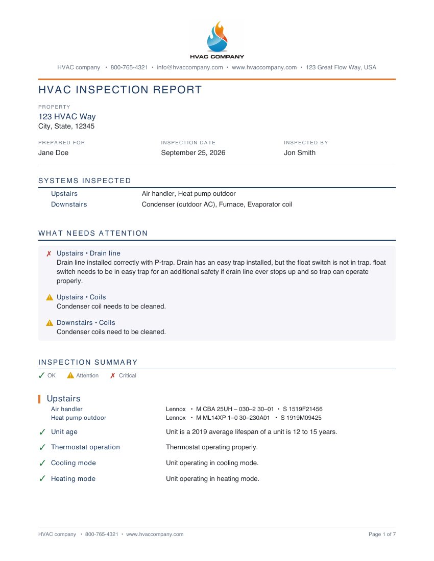 Example HVAC inspection report, page 1 of 7